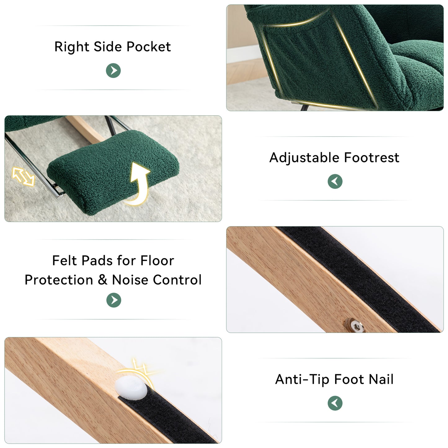 Teddy Fabric Rocking Chair with Adjustable Footstool - Green