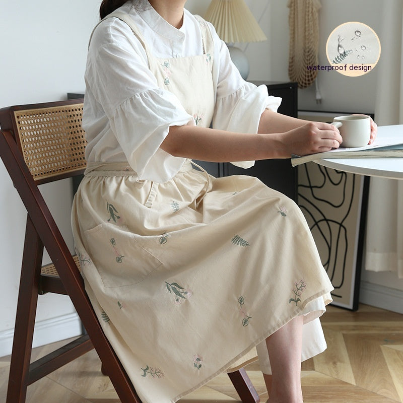 Simple Embroidery Cotton Kitchen Apron - Flower Pattern, Multiple Colors