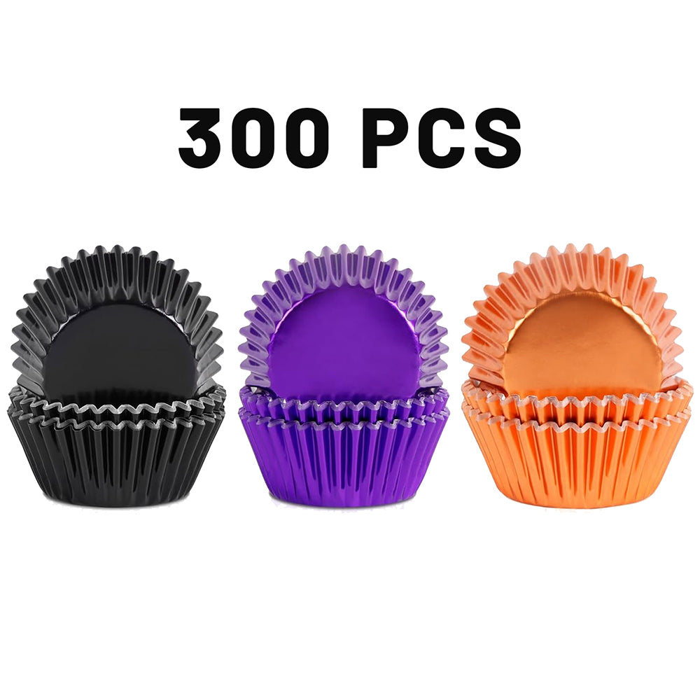 300 Pcs Halloween Foil Cupcake Liners - Black, Purple, Orange