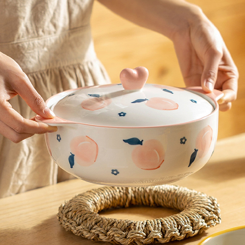 Ceramic Double-Ear Soup Bowl 7-Inch Large Porcelain Noodle Bowl Peach