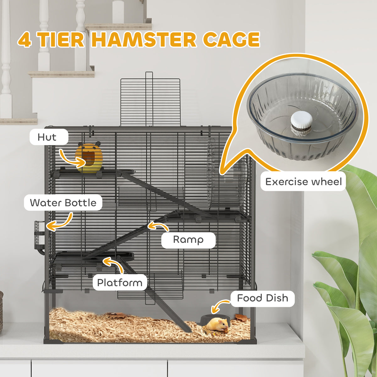 4-Tier Hamster Cage with Deep Tempered Glass Bottom & Accessories, Black