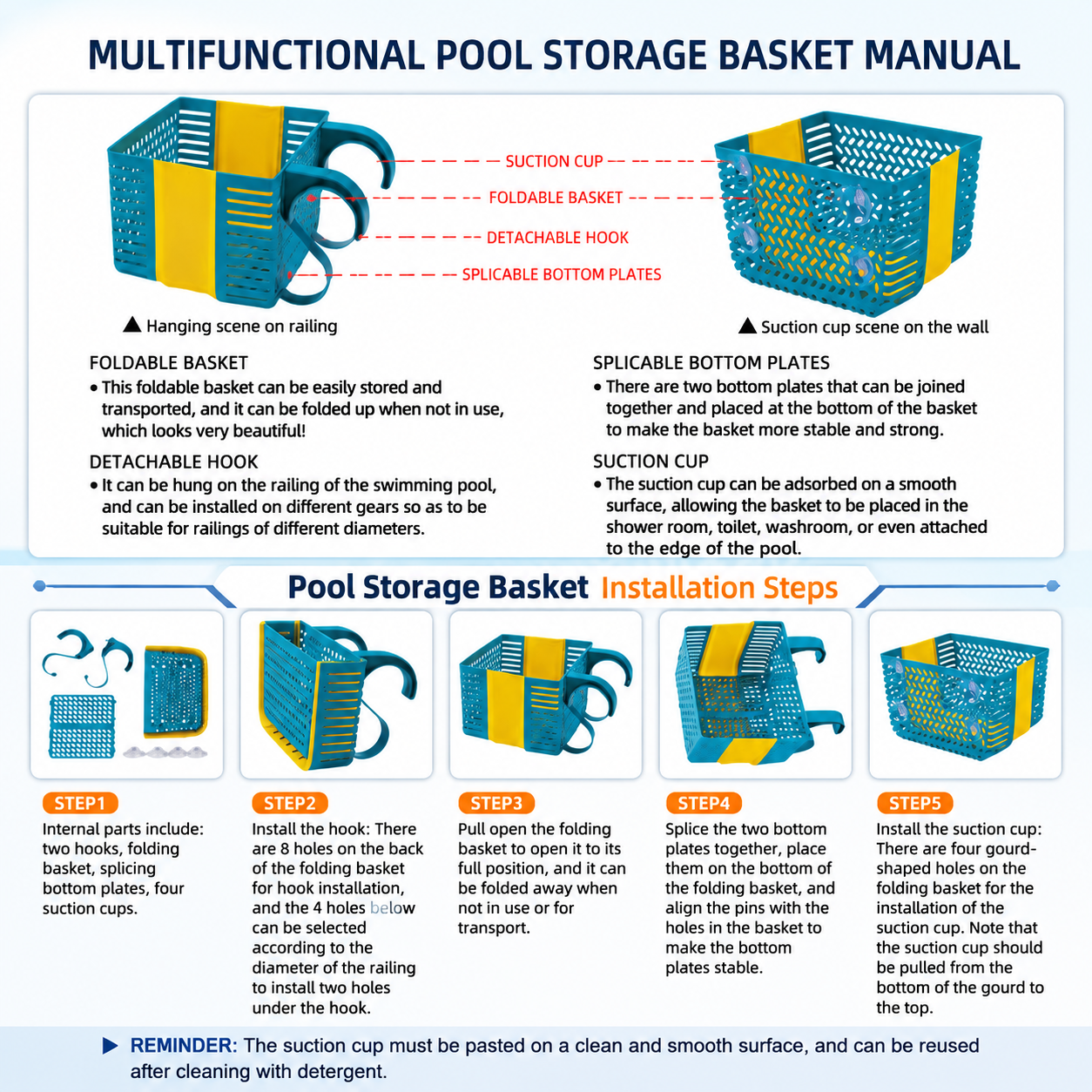 Foldable Plastic Pool Storage Basket with Water Drainage - Space Saving Tote