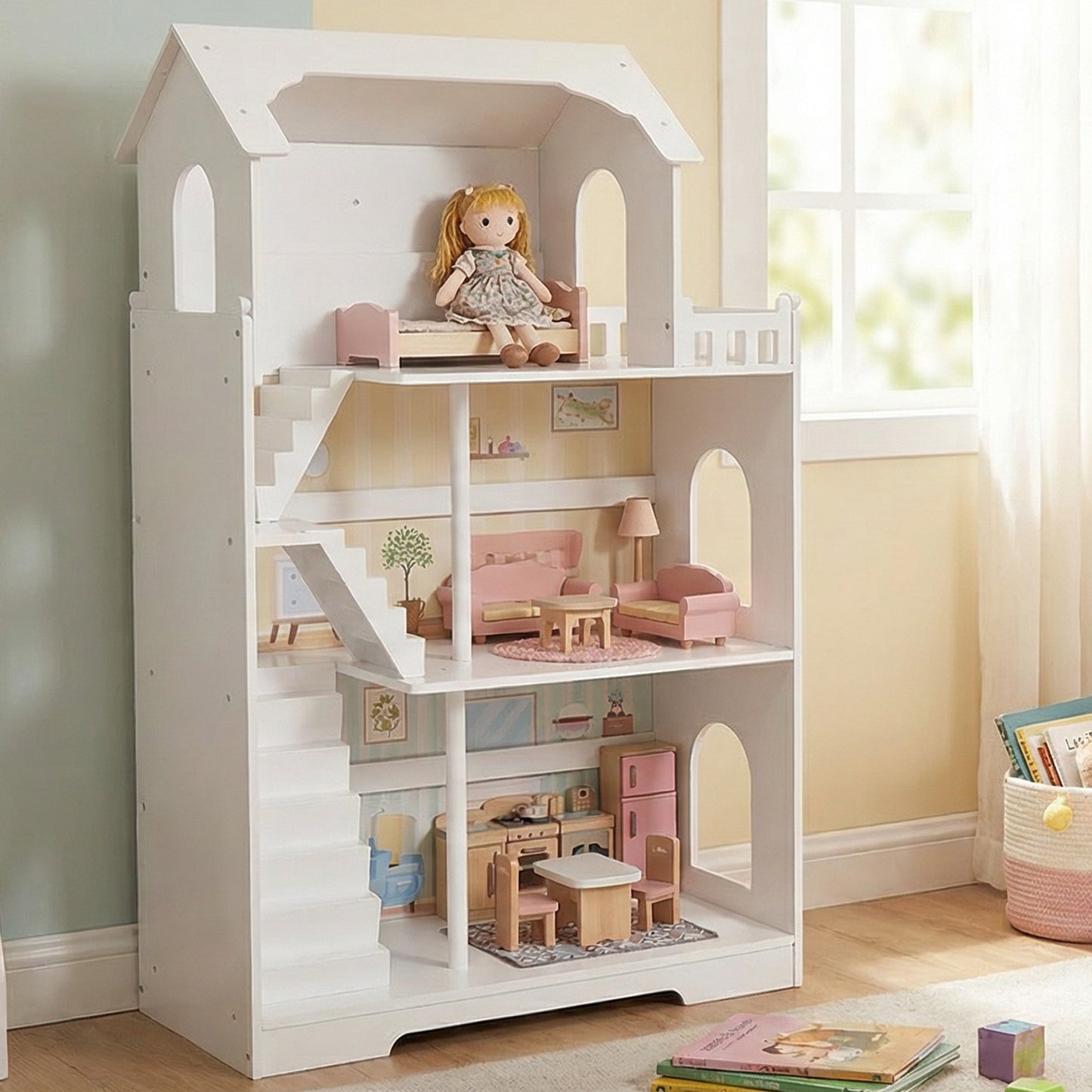 Wooden Dollhouse Bookshelf 3 Tier Kids Bookcase For Children Above