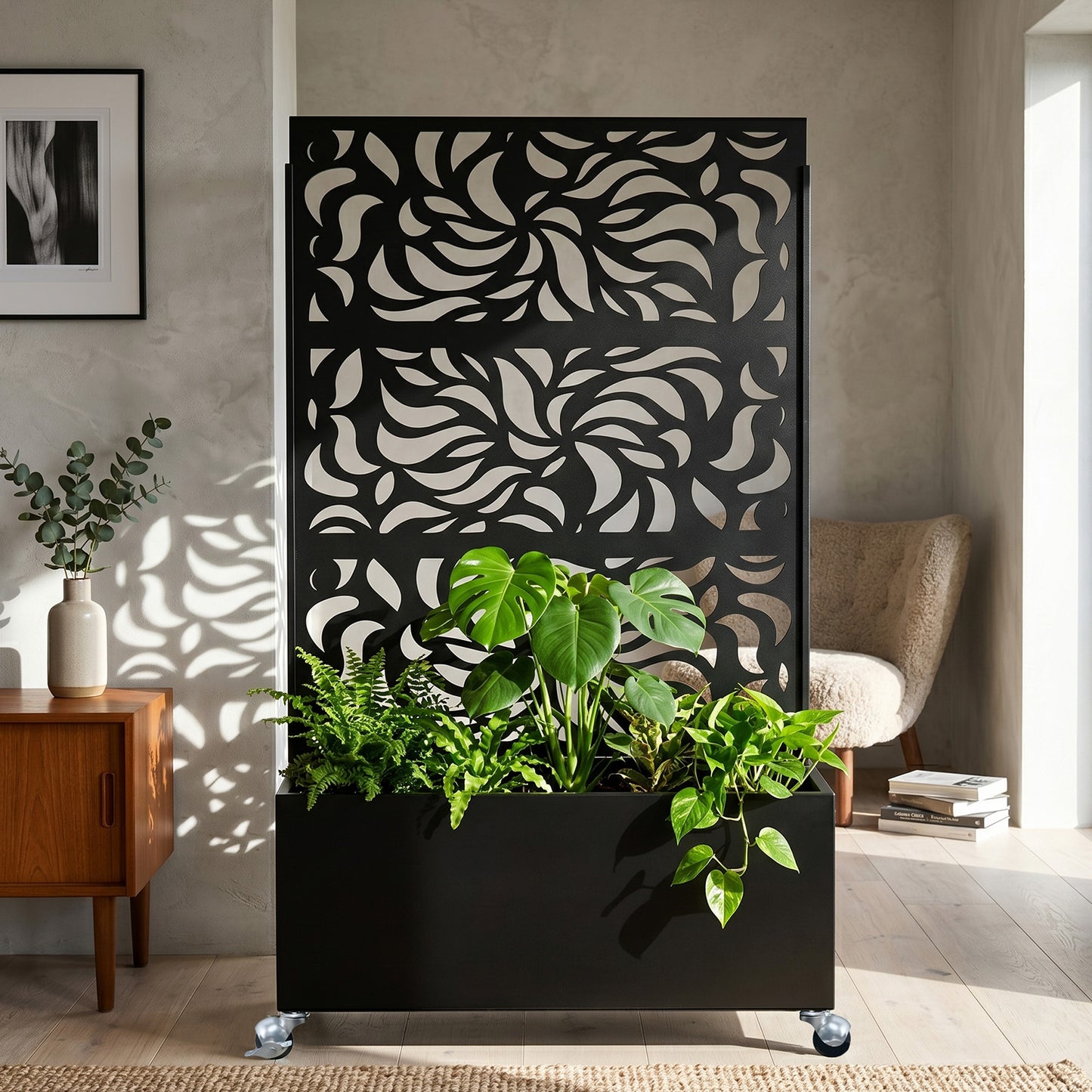 Leaf Pattern Privacy Screen with Planter Box - Black Metal