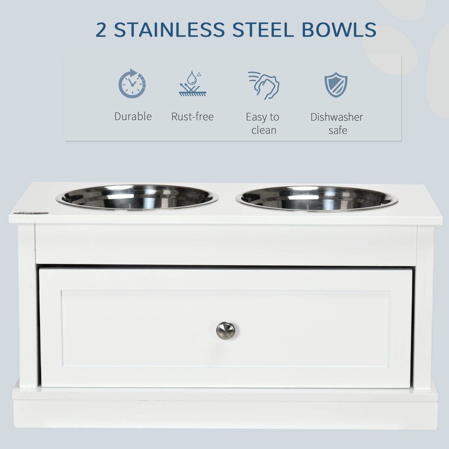 Elevated Dog Bowl Stand with Storage Drawer - Large Stainless Steel Food & Water Bowls, White