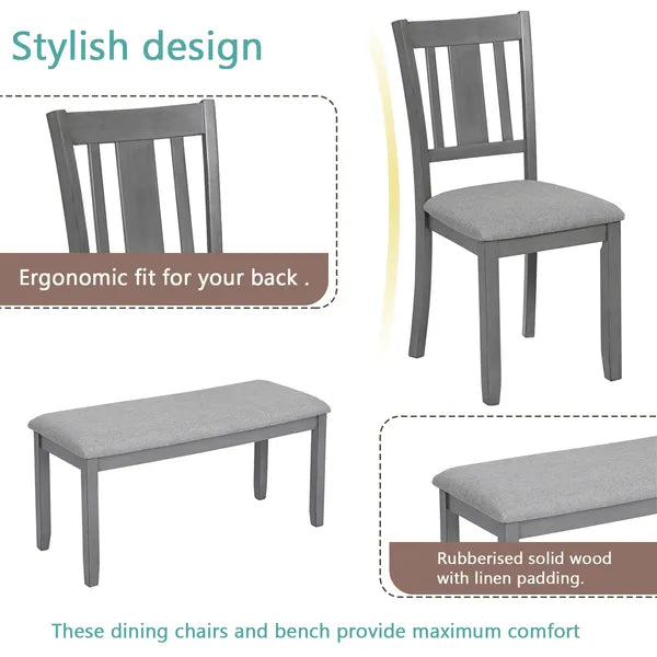 6-Piece Wooden Dining Set with Rectangular Table, 4 Chairs & Bench - Gray