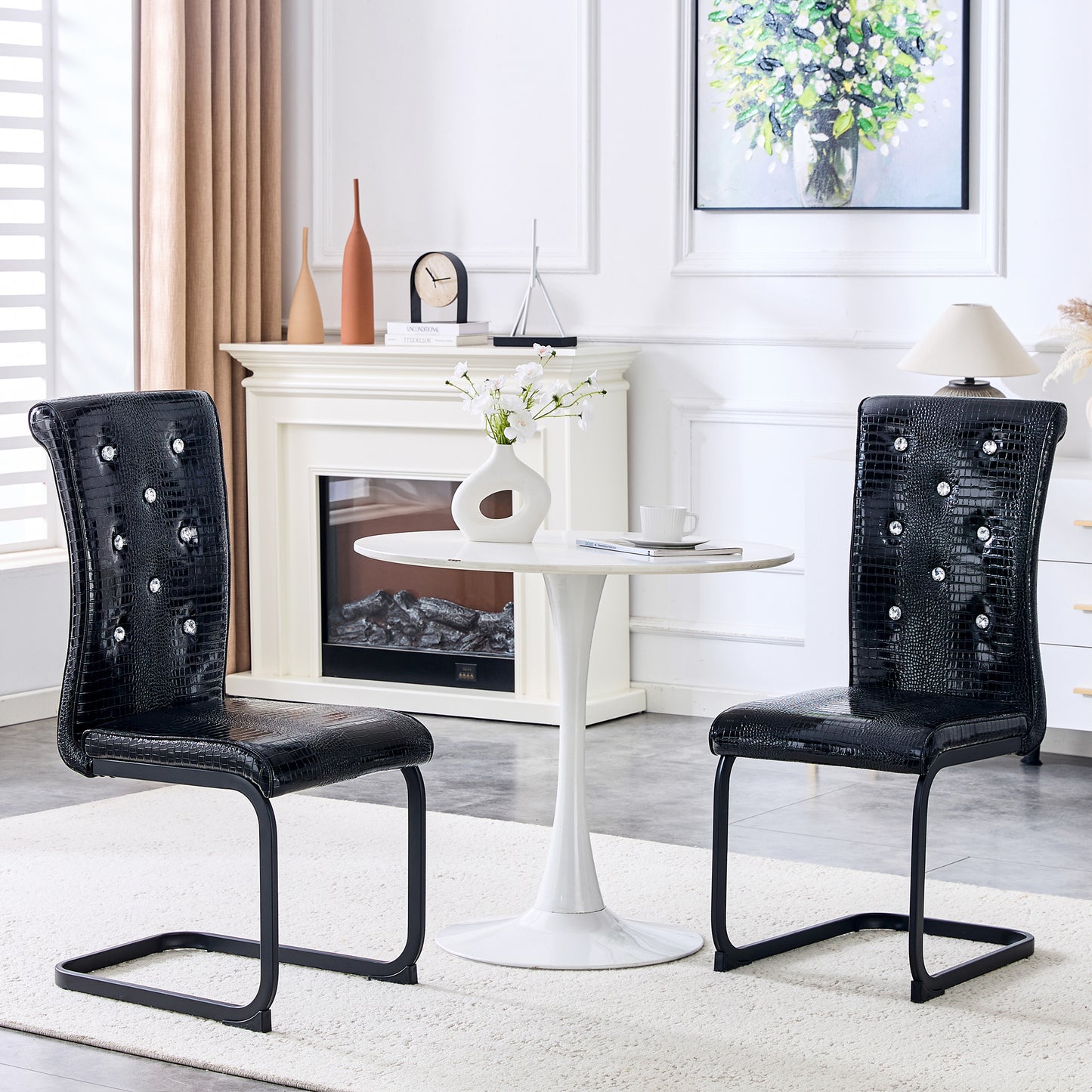 Set Of 2,Retro Alligator Skin Upholstered Dining Chairs,with Crystal
