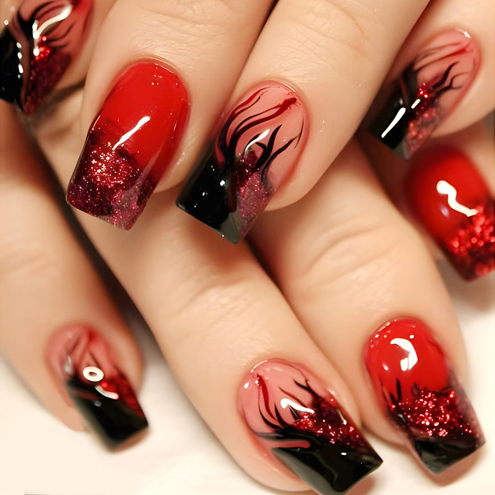 Colorful Flame Nail Art Stickers & Fake Nail Patches with Glue Set