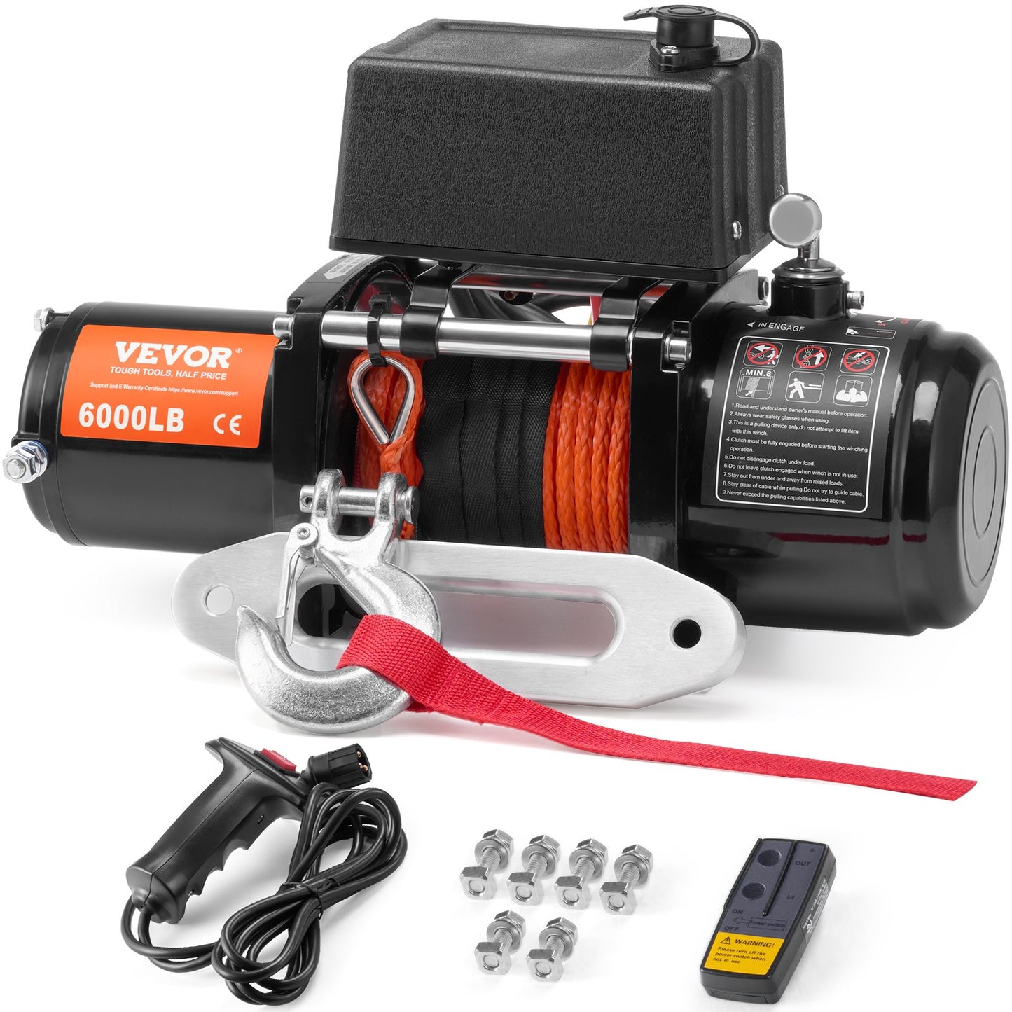 Electric Winch for Trucks 6000 Lb Synthetic Rope Waterproof Remote Control Black