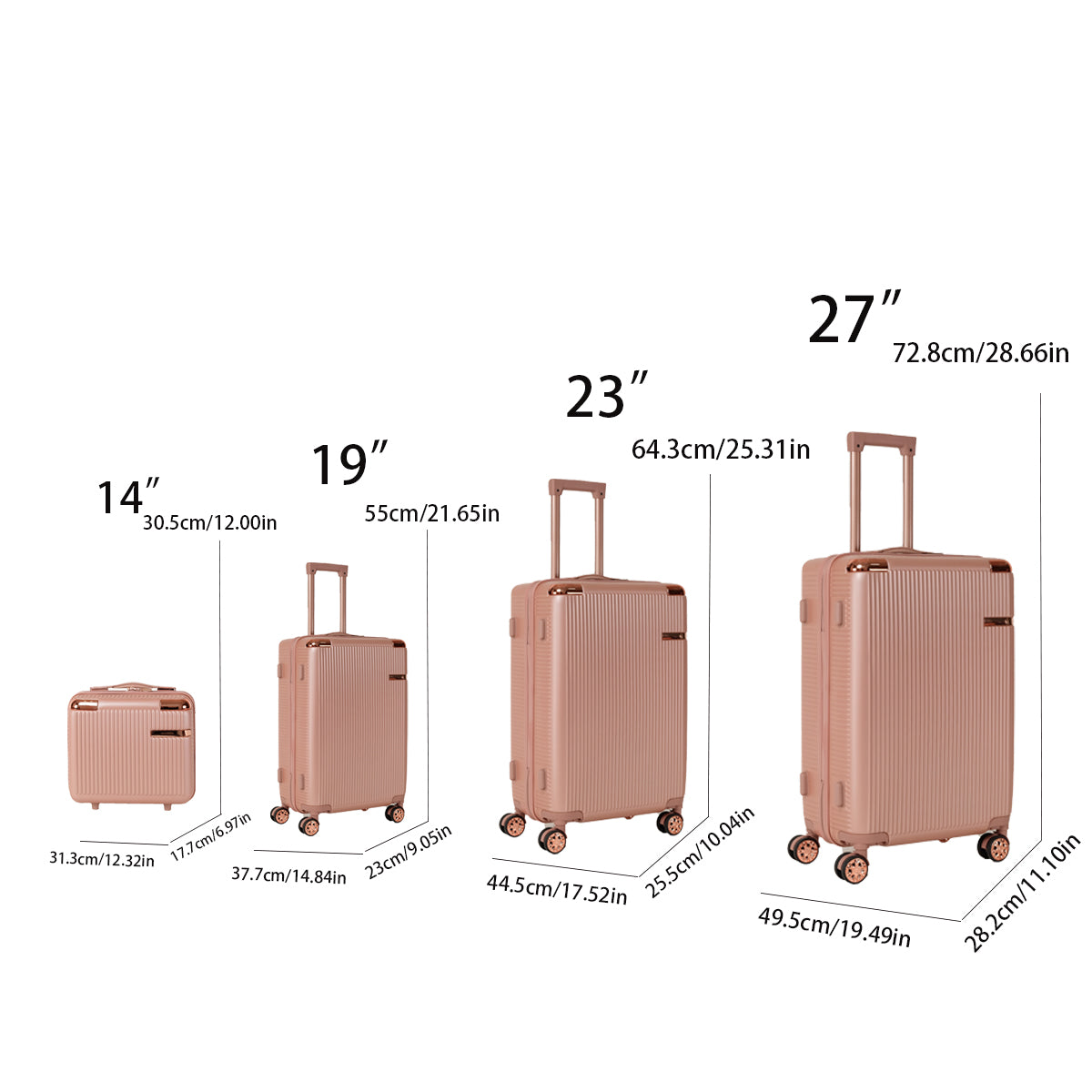 Lightweight Rose Gold 4-Piece Hard Luggage Set with 360° Wheels