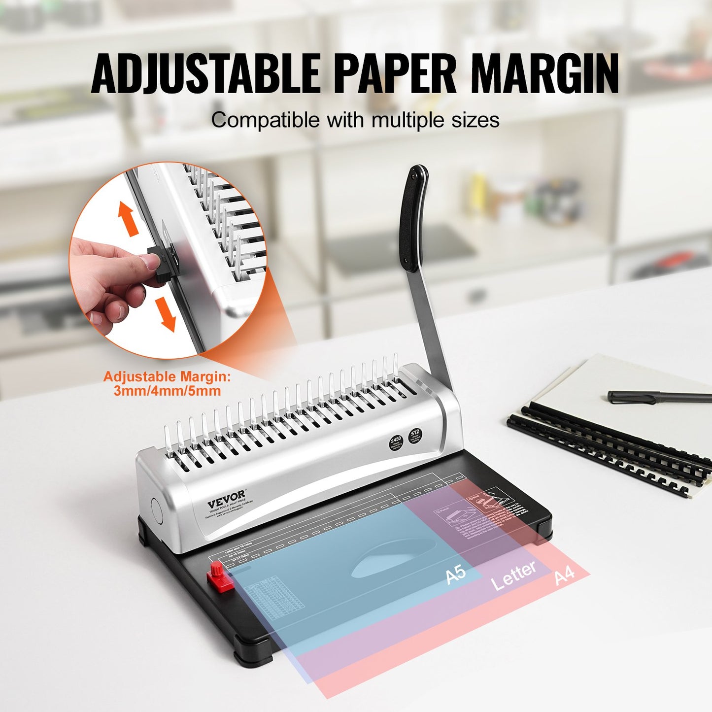 Comb Binding Machine for 450 Sheets - 21-Hole Binder with 100 Spines