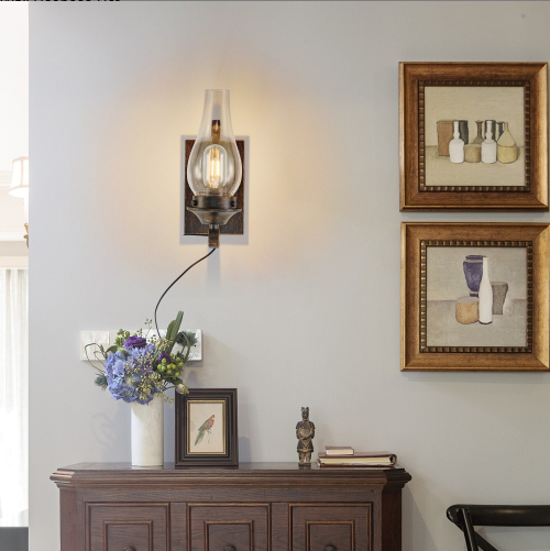 Set of 2 Rustic Farmhouse Plug-in Wall Sconces with Glass Shades - Black & Gold