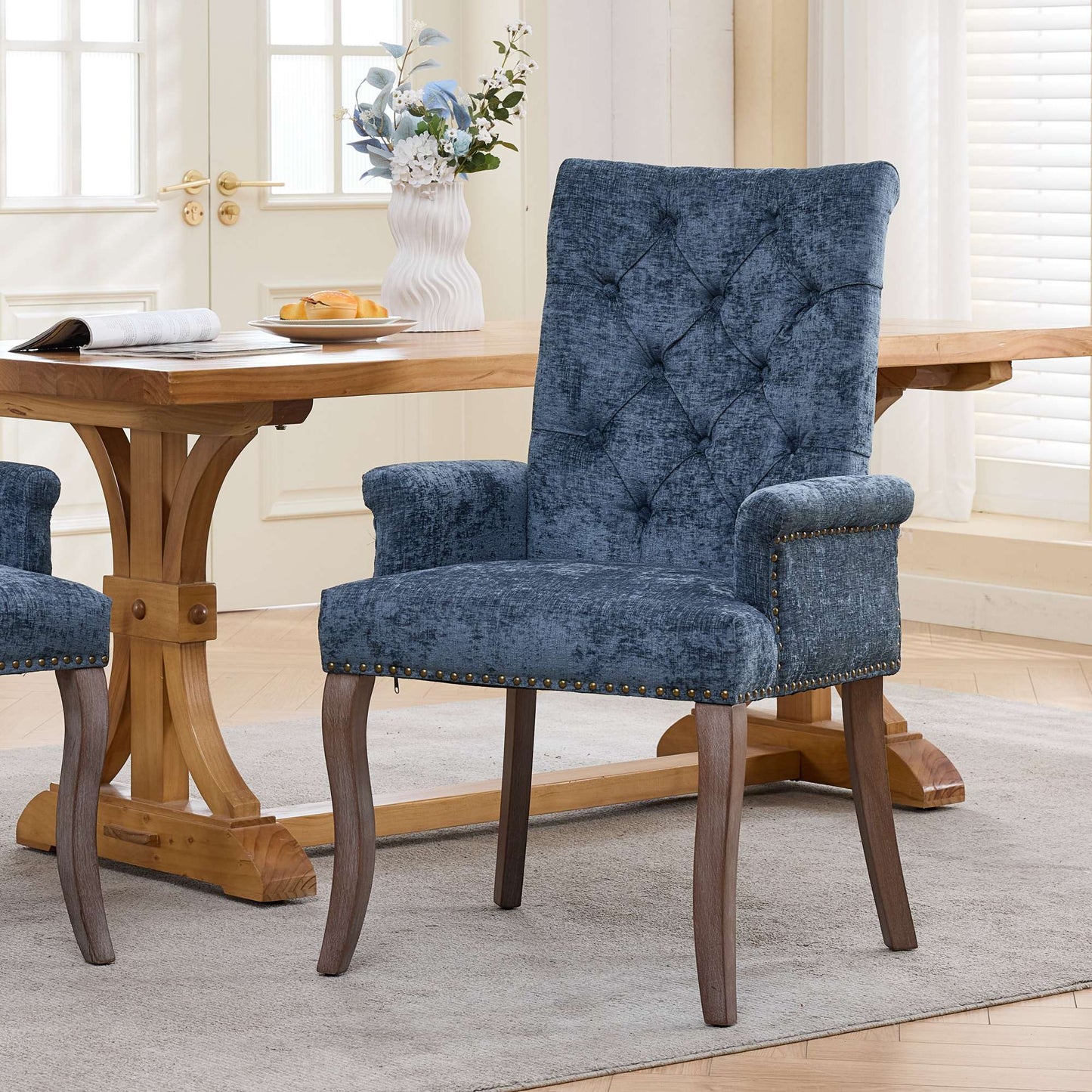 Upholstered Chenille Fabric Accent Dining Chair, Curved Solid Wood
