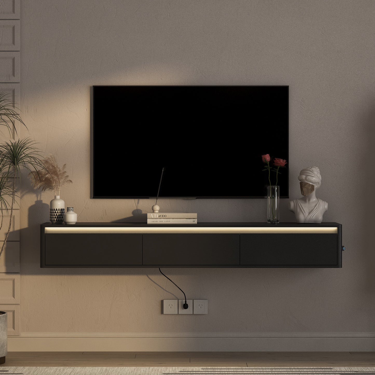 Wall Mounted Floating TV Stand with LED Lights & Power Outlet - Black