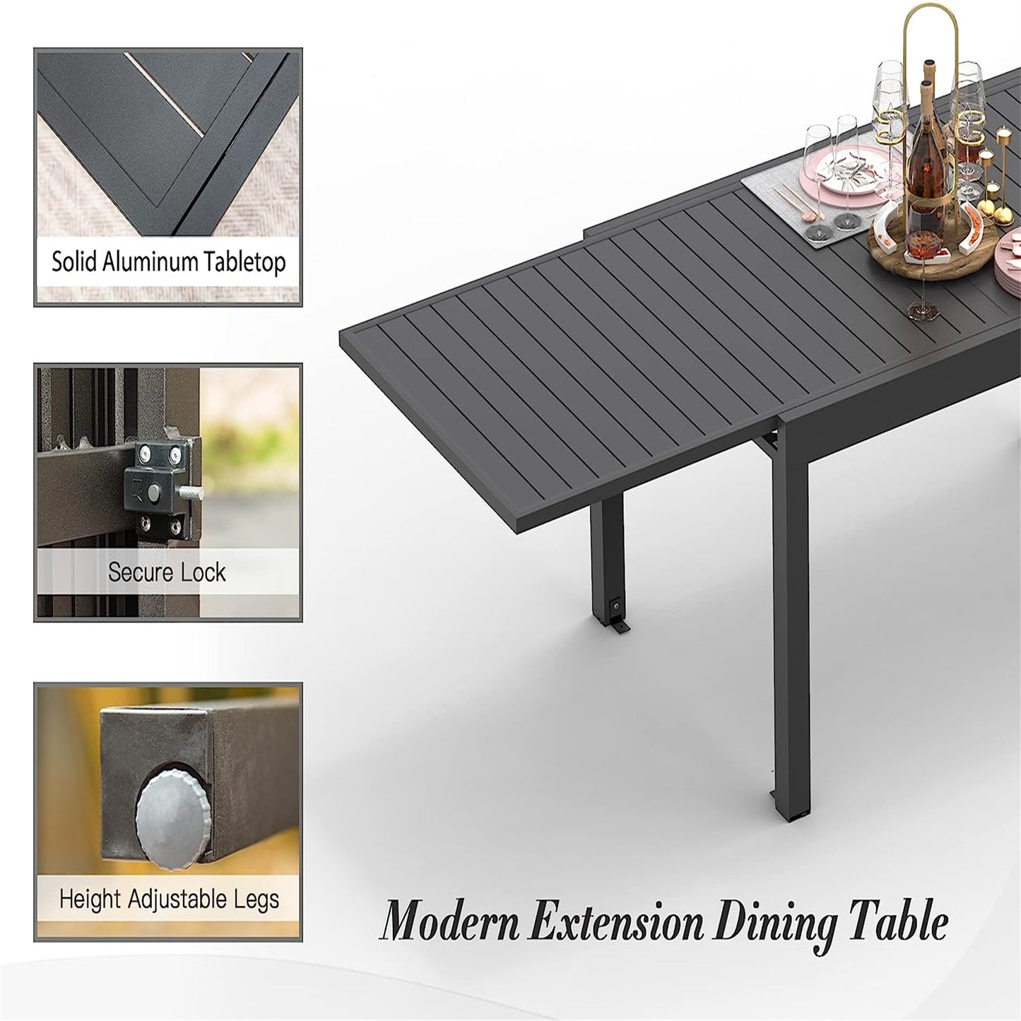 Patio Dining Expandable Table, Metal Aluminum Outdoor Table For 6-8