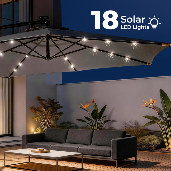 10FT Round Hanging Patio Umbrella with LED Lights & Stand - Gray