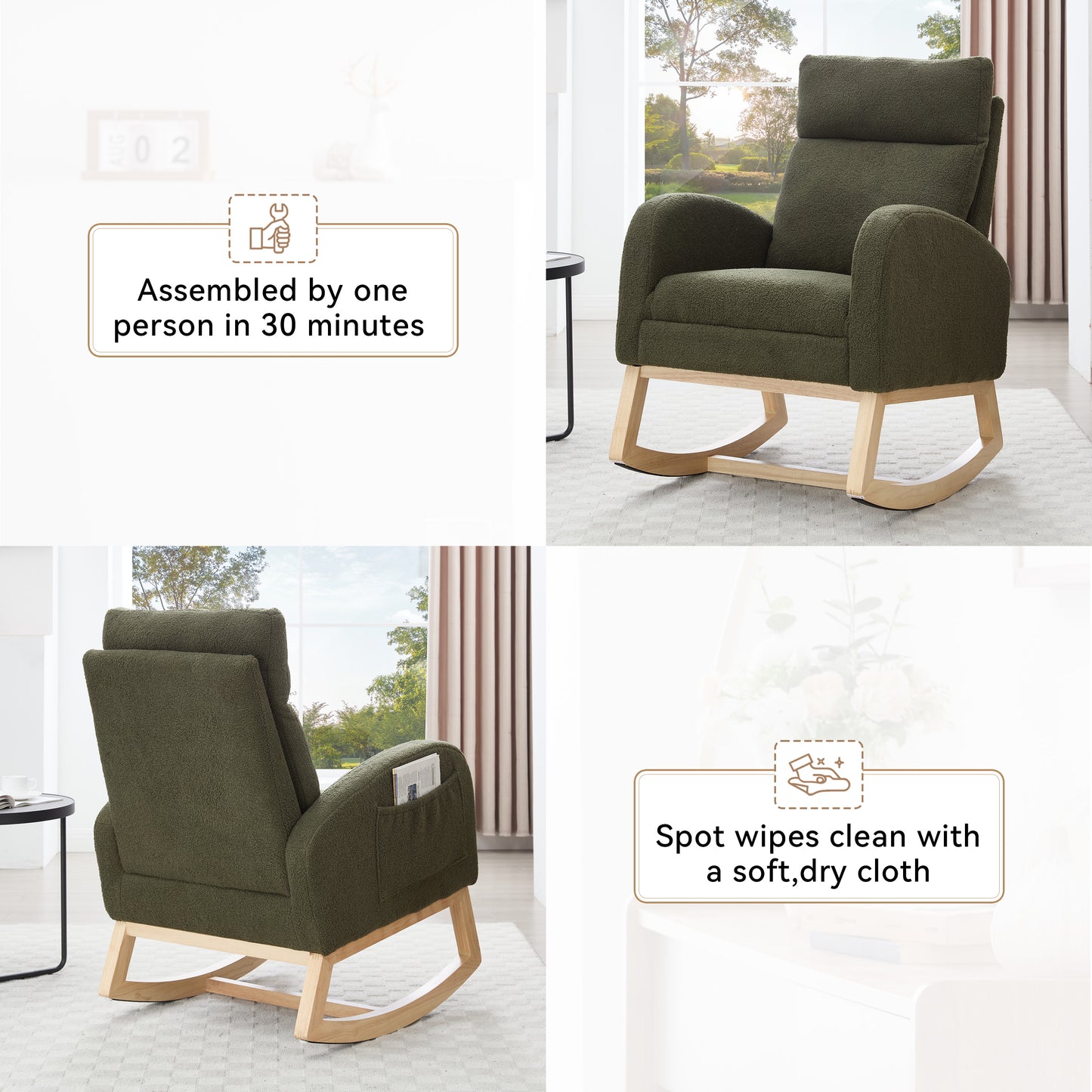 Teddy Fabric Rocking Chair with Adjustable Footstool - Green