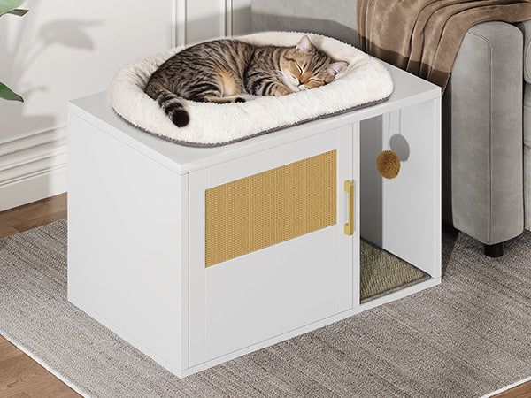 Multifunctional Cat Litter Box Cabinet with Odor Control & Side Table - White