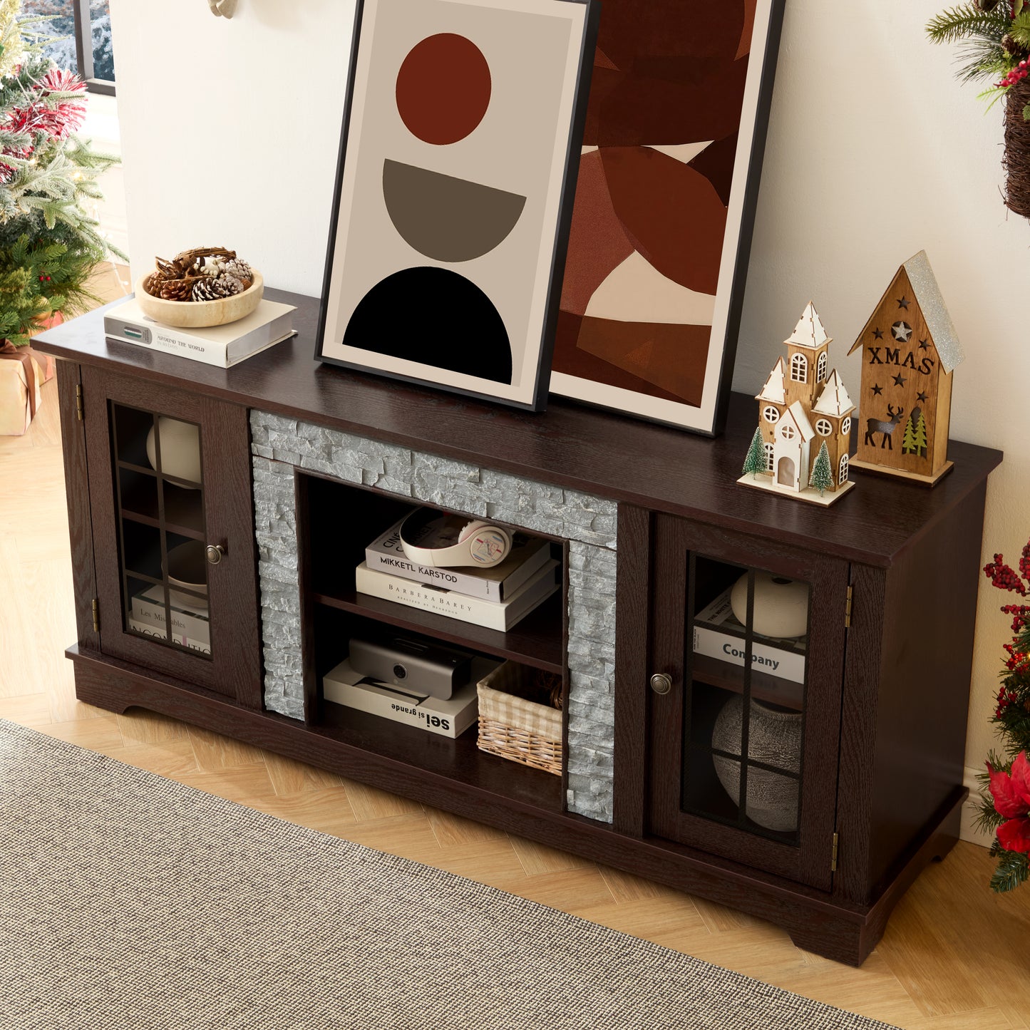 58 Modern TV Stand With 2-Door Storage, Faux Stone Media Console