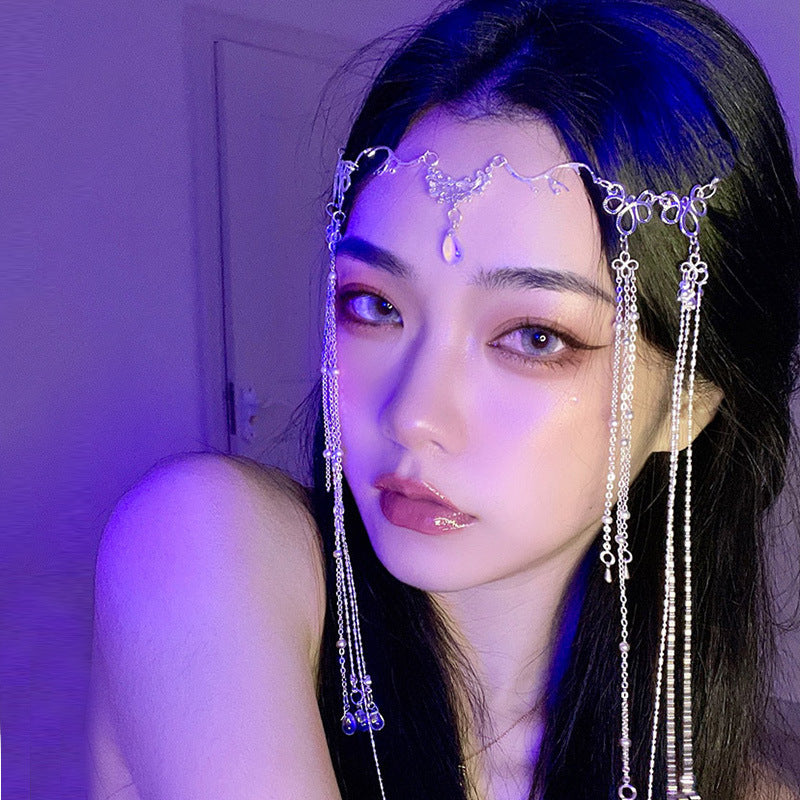 Ancient Style Tassel Headdress Hair Accessory with Forehead Ornament - Silver