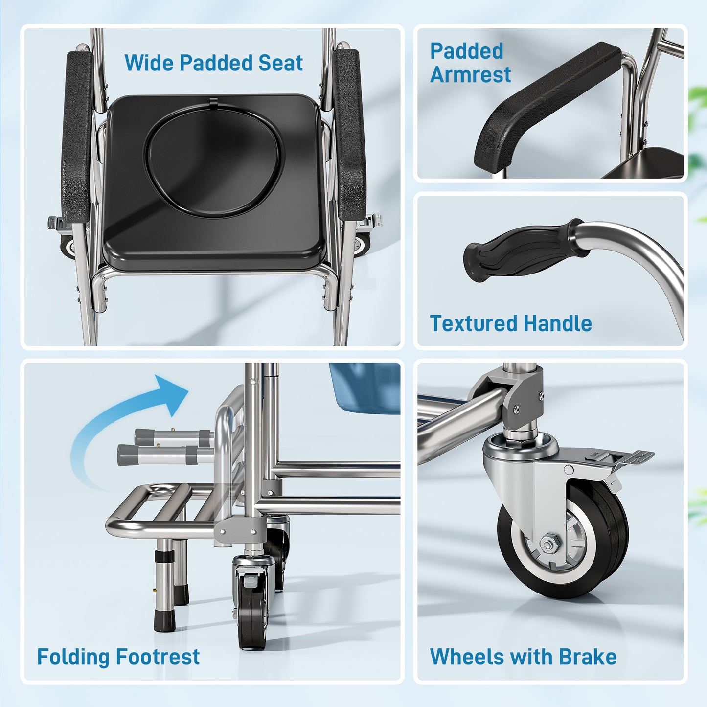 3-in-1 Shower Commode Wheelchair - Black Medical Rolling Chair