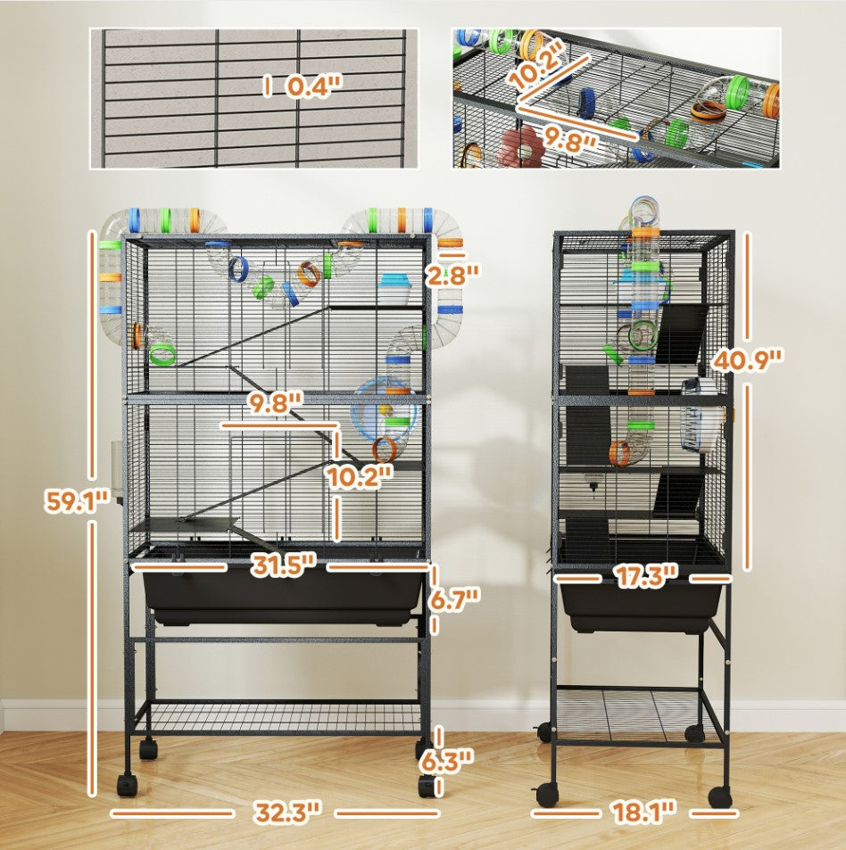 5-Tier Hamster Cage with Deep Tray & Exercise Wheel, Rolling Steel Pet Habitat