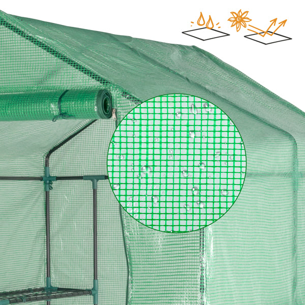 Garden Greenhouse with 8 Shelves, Green PE Cover & Black Iron Frame, 143x143x195cm