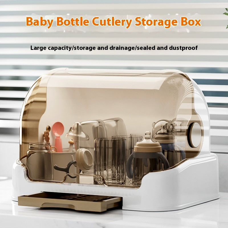 Baby Tableware Storage Box with Draining Rack Dustproof Cover Multi-Size