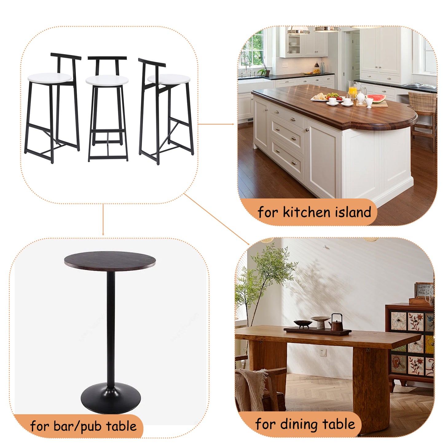 Metal Bar Stools Set of 3 with Backrest - Black & White