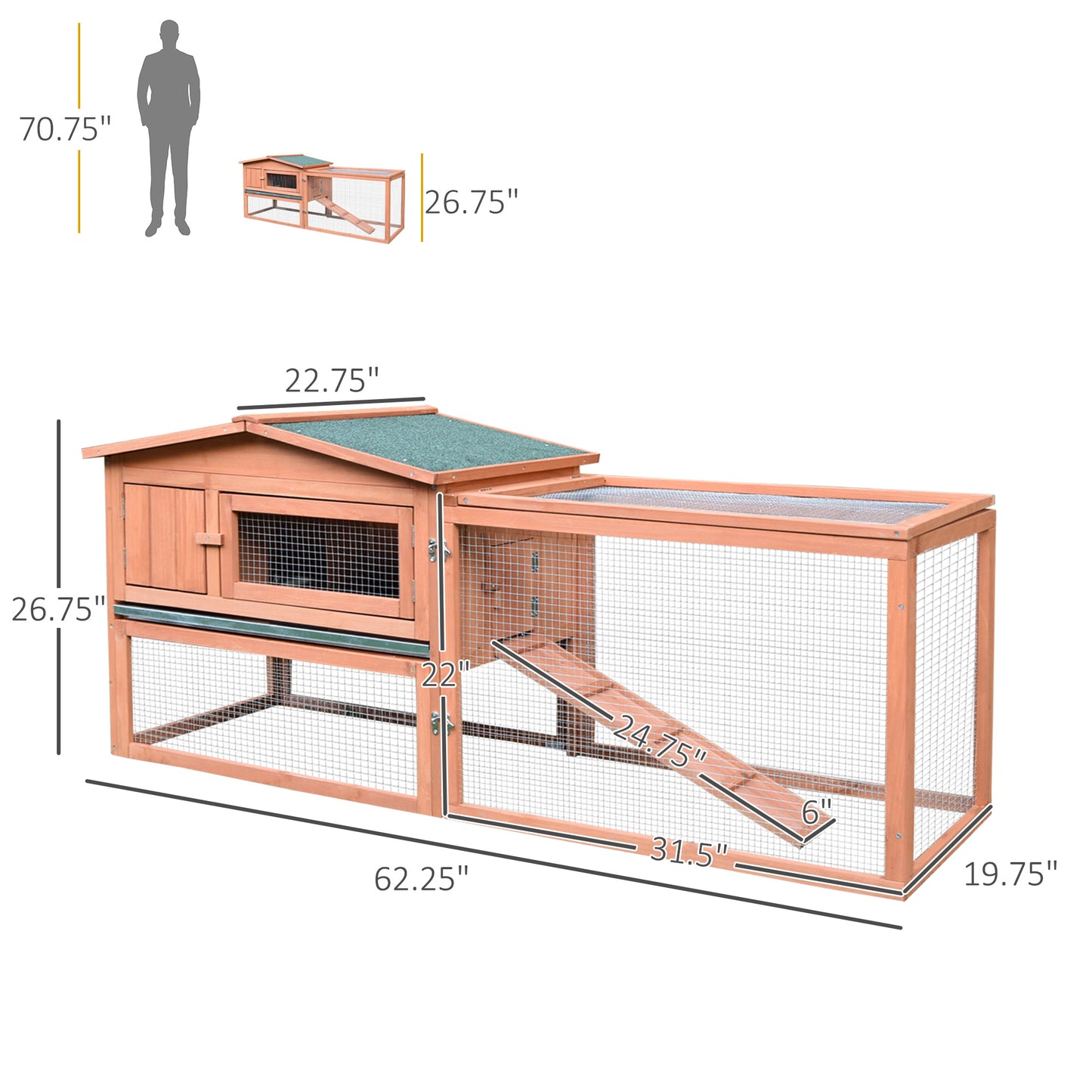 Outdoor Wooden Rabbit Cage 62 Inch with Detachable Run and Elevated Main House