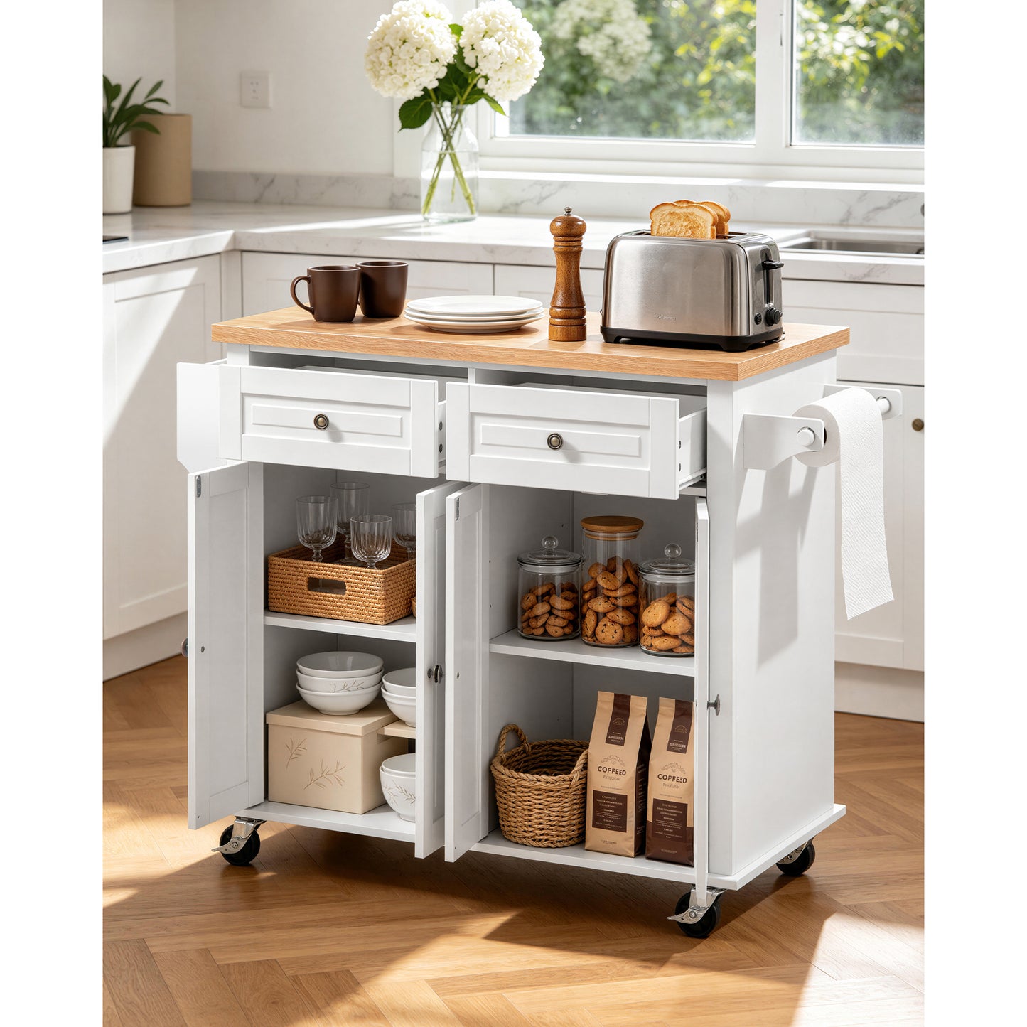 Kitchen Island Cart with Storage, Mobile Rolling Trolley with Drawers & Hooks, White
