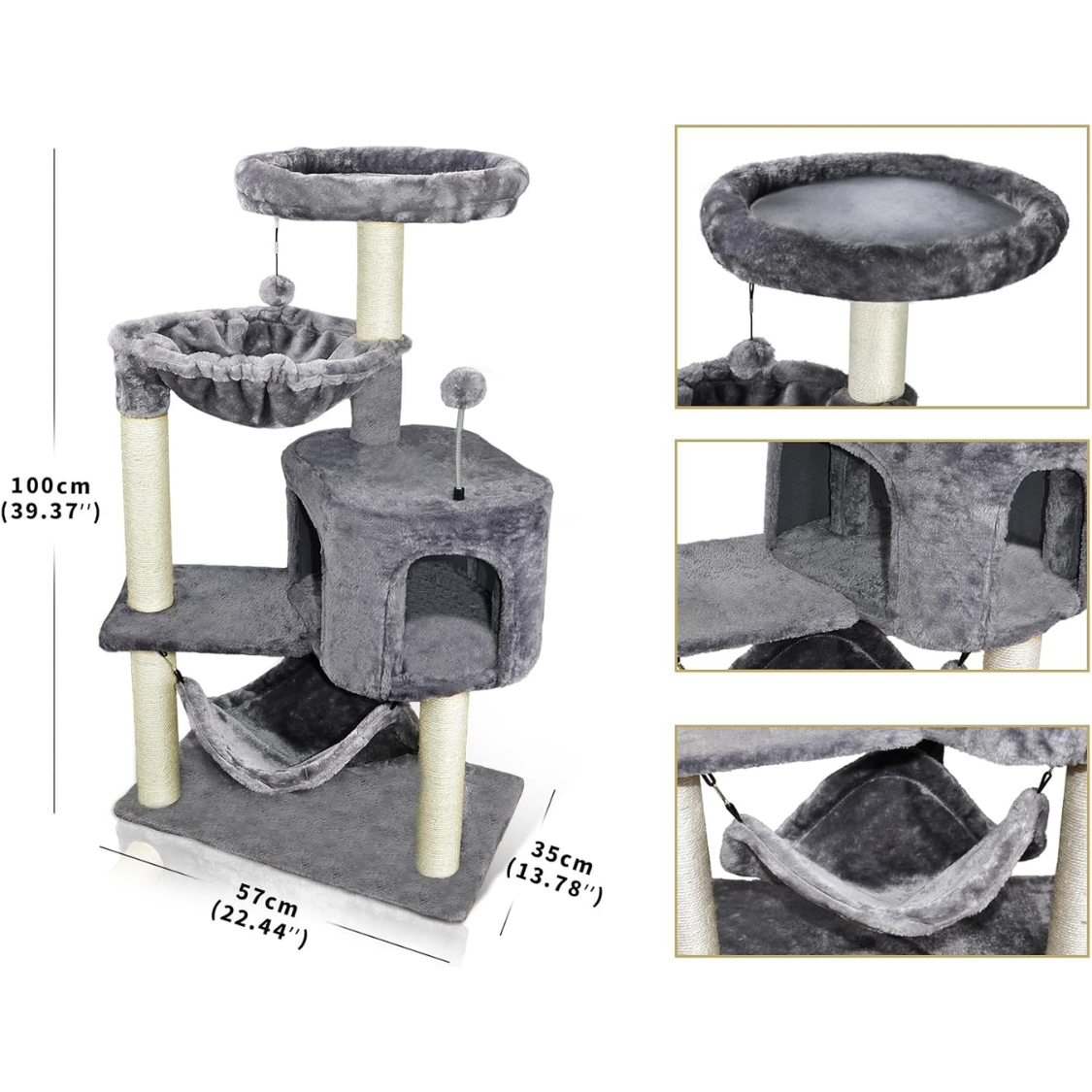 Cat Tree with Condo and Large Hammock - Grey, Multi-Level Play Tower