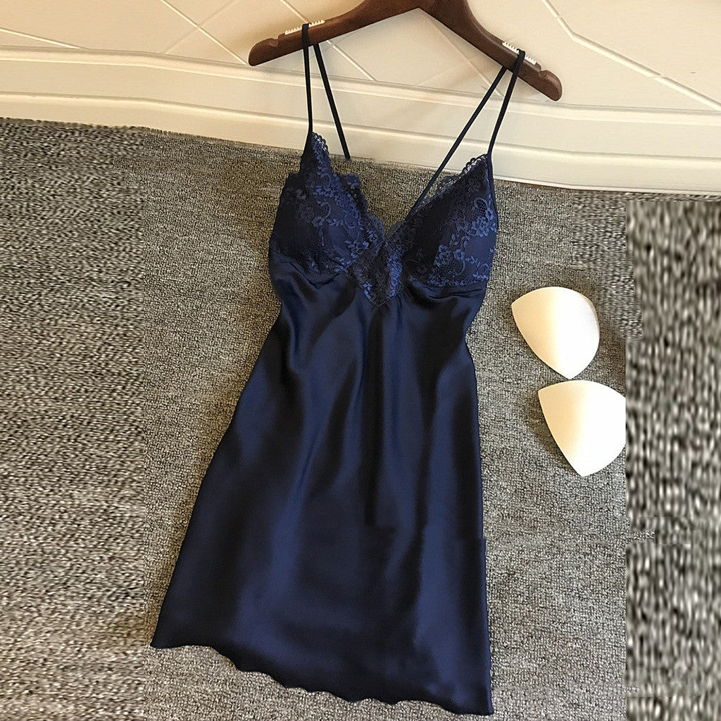 Women's Satin Lingerie Pajamas Set with Chest Pad - Elastic Home Sleepwear