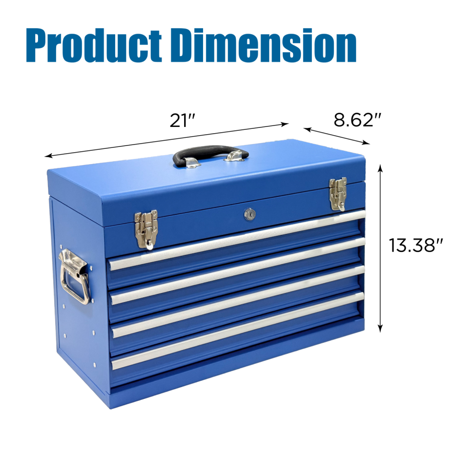 Heavy Duty Metal Tool Box with 4 Drawers - 21-inch Portable Steel Storage Chest, Locking & Powder Coated Finish, Blue