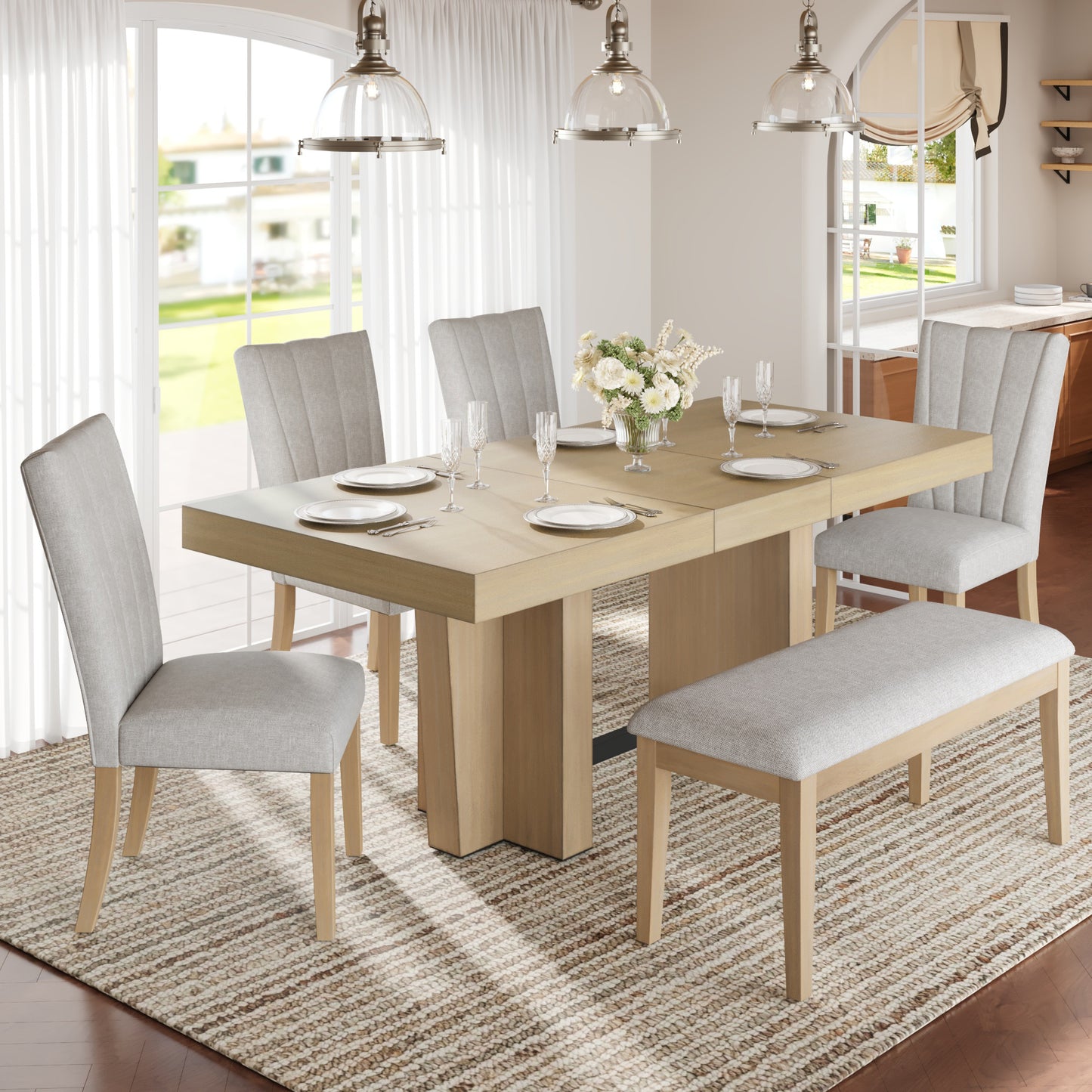 Extendable Wood Dining Table Set for 6 with Bench & 4 Chairs - Natural Beige