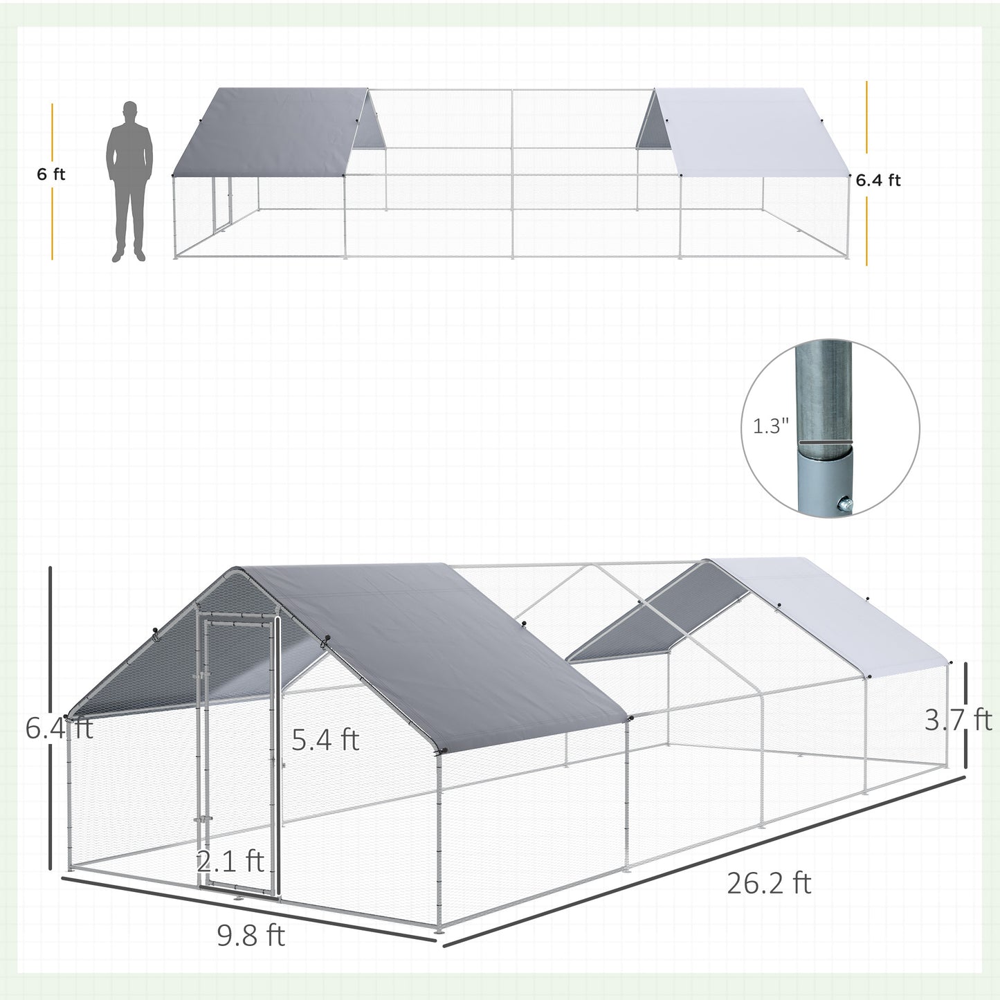 Large Metal Chicken Coop Run with Waterproof Cover - Outdoor Poultry Fence Cage, 1.3" Diameter, Silver