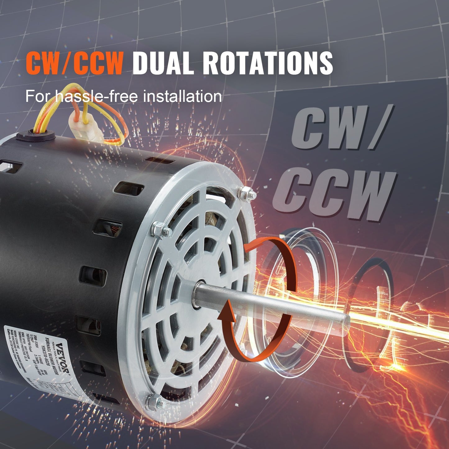 1/2HP Furnace Blower Motor - 208/230V, 5-Speed, CW/CCW Rotation, Black
