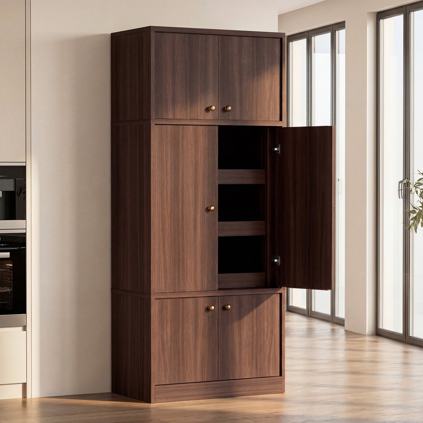 Tall Kitchen Pantry Cabinet - 71 Inch Freestanding Storage with Adjustable Shelves, Walnut Finish