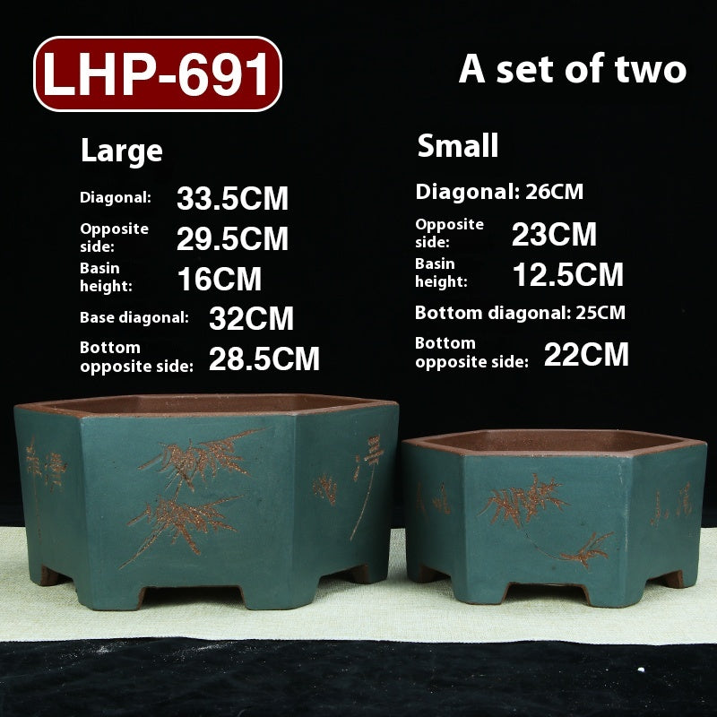 Large Hexagonal Ceramic Bonsai Basin with Purple Sand for Home Garden