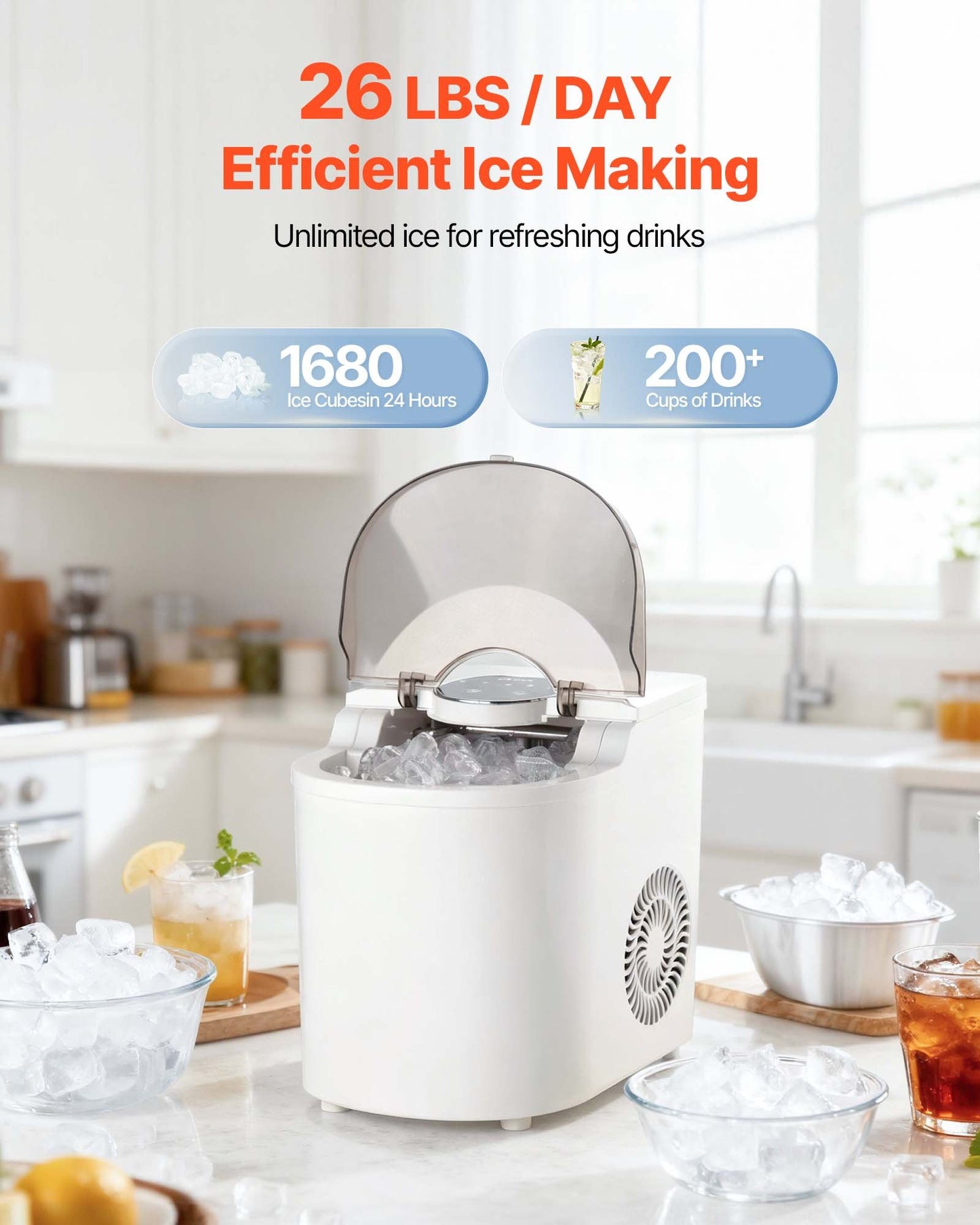 Countertop Ice Maker - Fast 7 Cubes in 6 Min, 26 Lbs Daily, Self-Cleaning Portable Machine with 2 Ice Sizes