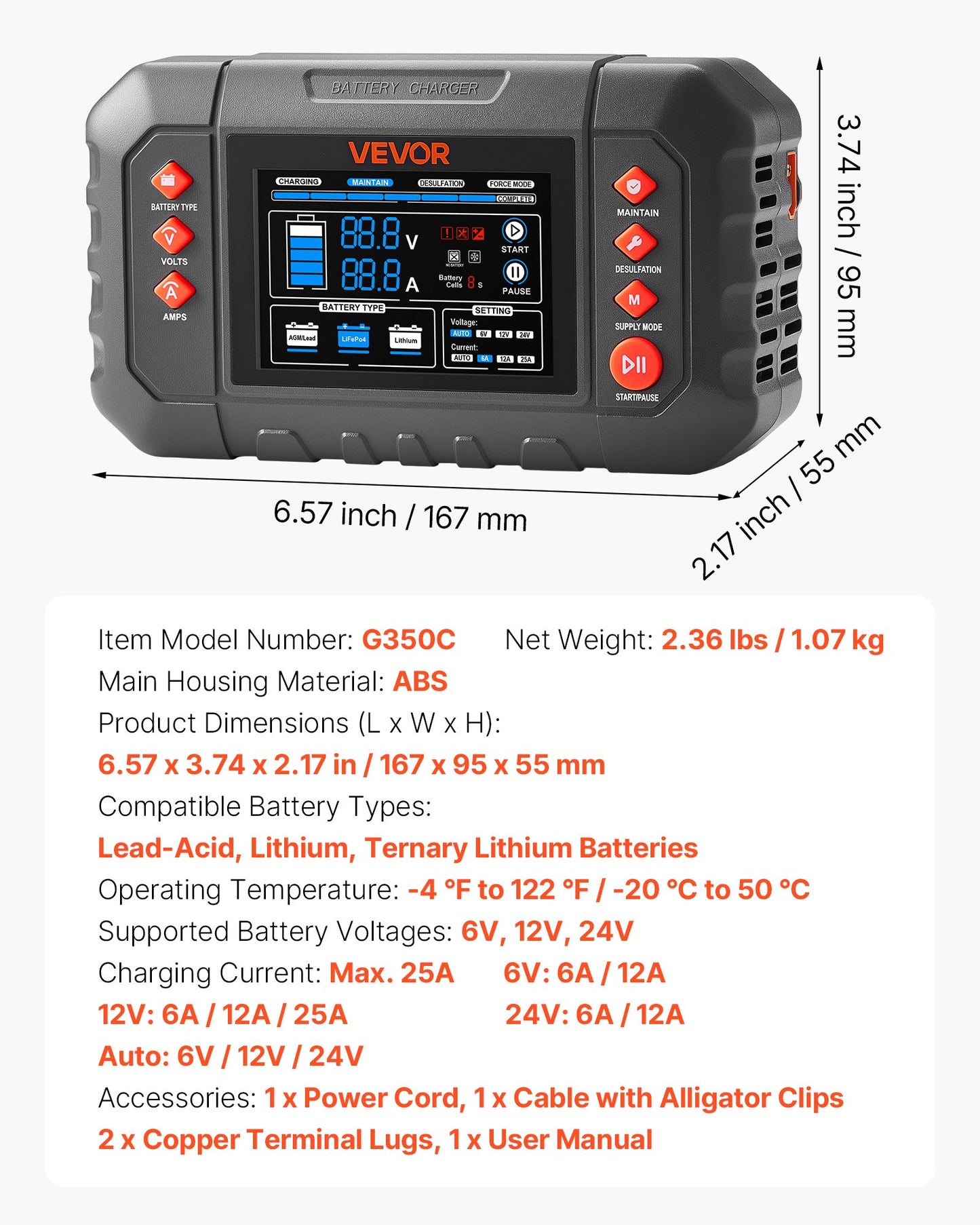Smart Battery Charger 25A for 6V/12V/24V Lead-Acid Lithium Batteries with LCD Display