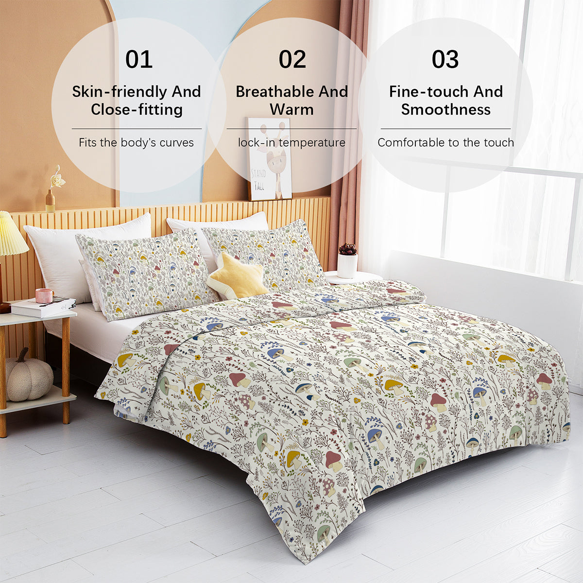 3-Piece Mushroom Comforter Set - Soft Microfiber Bedding