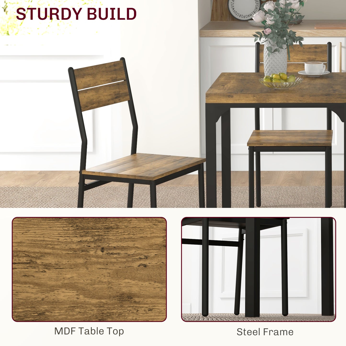 3-Piece Rustic Dining Room Set for Small Spaces - Brown