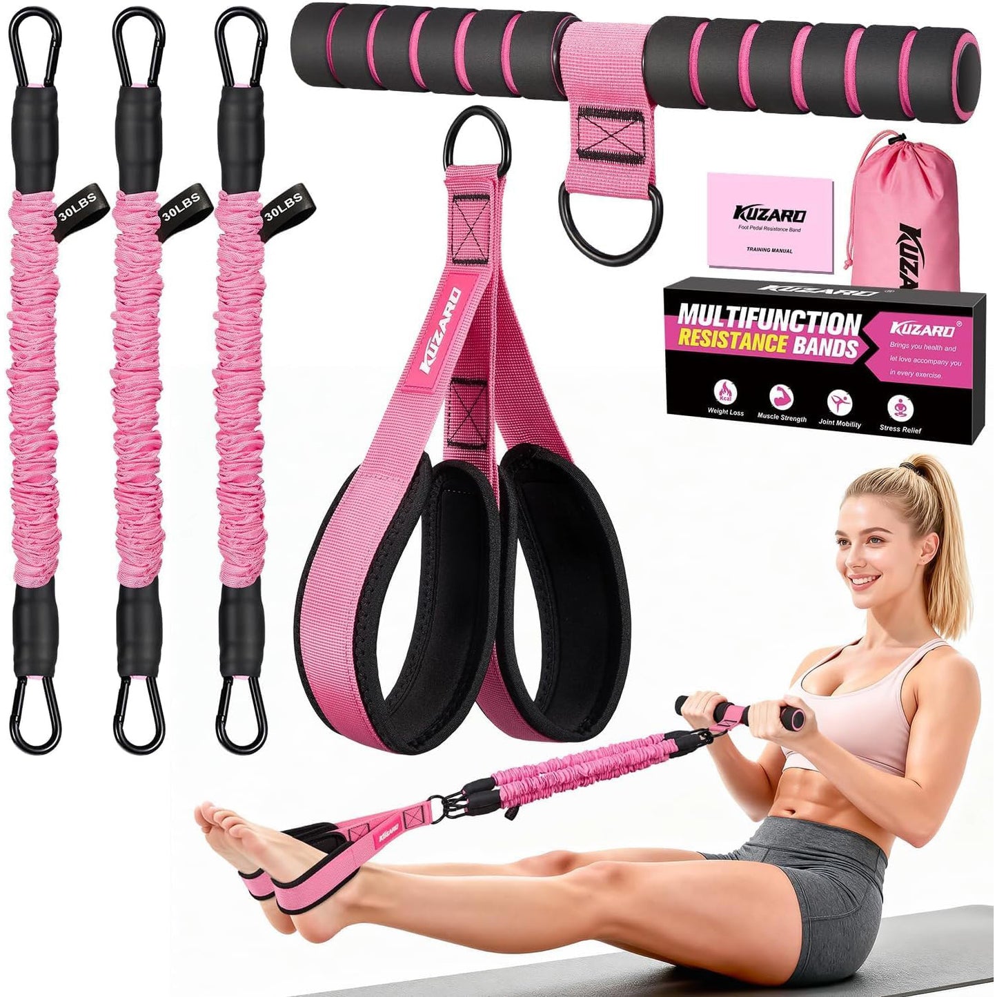 3-Tube Resistance Bands with Handles & Foot Pedals - Pink