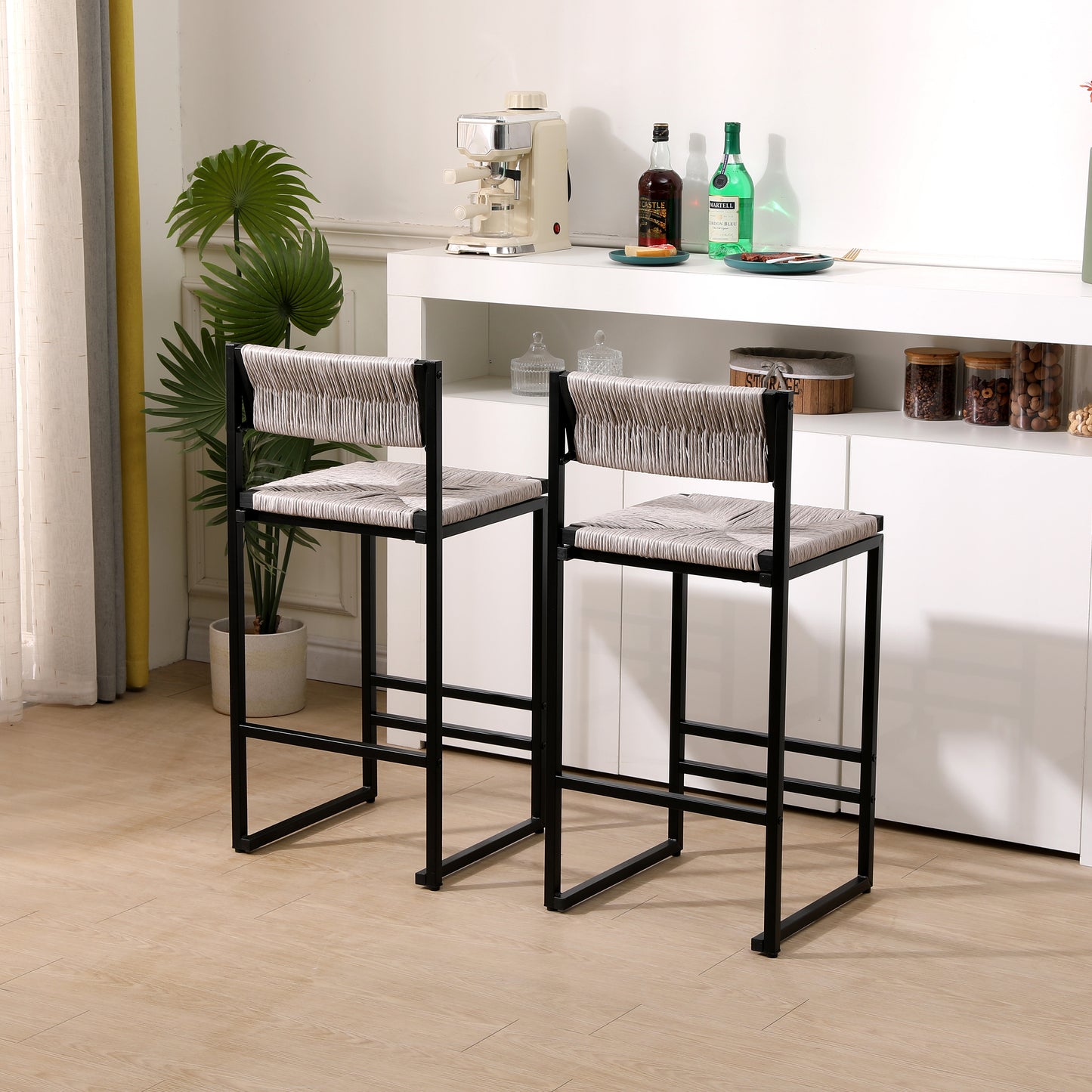 Set of 2 Gray Hand Woven Bar Stools with Back - Counter Height