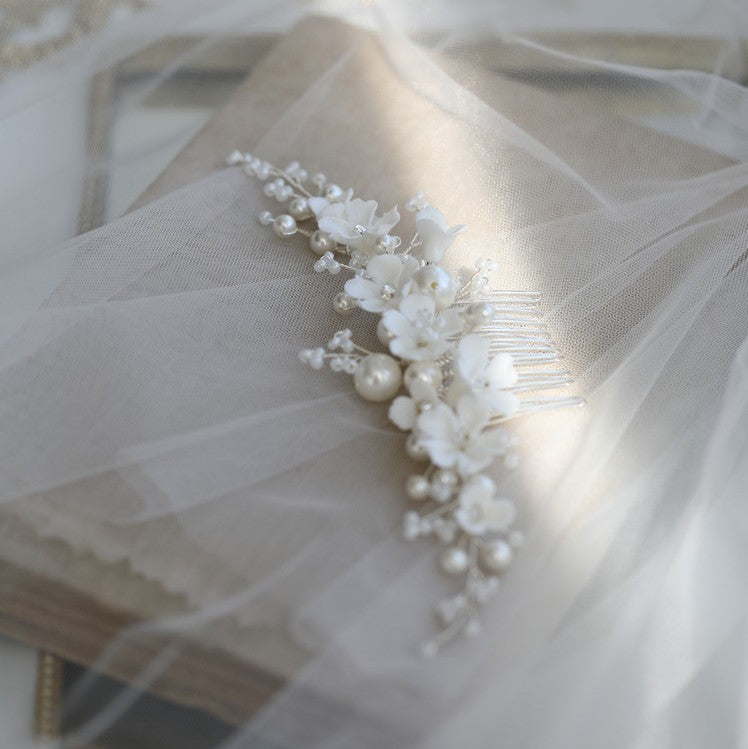 White Ceramic Flower Bridal Hair Comb