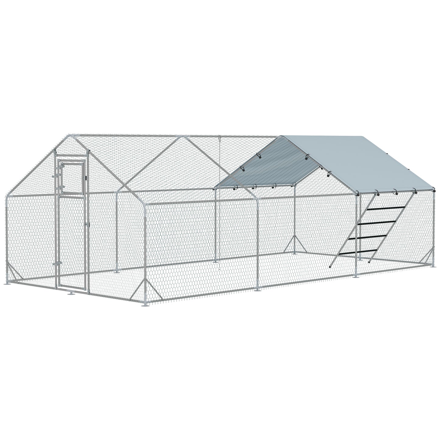Metal Chicken Run with Waterproof Cover, Feeding Door & Hanging Feeder - Fits 18-24 Chickens, Silver 1980x380x180 mm