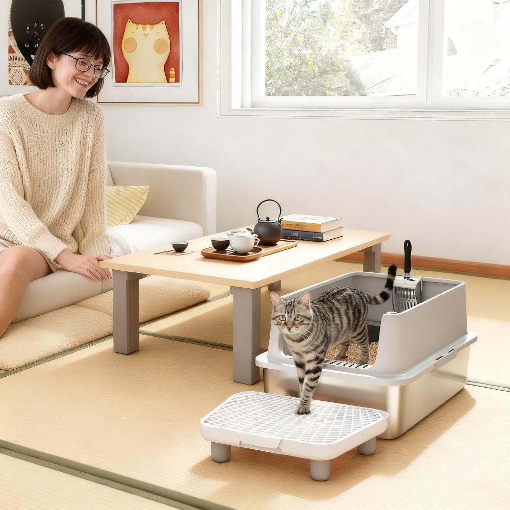 Stainless Steel Cat Litter Box with Scoop and Filter - Large, Odor-Resistant