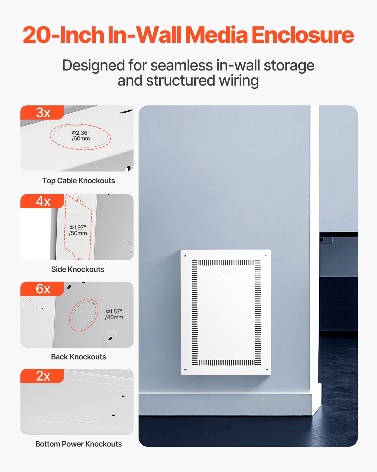 20-Inch Recessed Wall Media Enclosure with Cover for TV & Devices - White