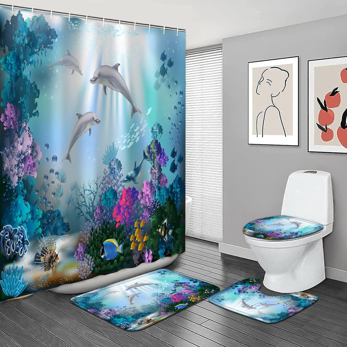 Bathroom Shower Curtain and Floor Mat Set Ocean World Printing - 4 Piece